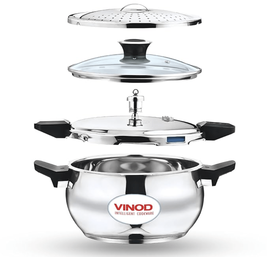Vinod Magic Stainless Steel Smart 3 in 1 Pressure Cooker 3.5 Litre | 5mm Thick Base | All in One Cooker with Strainer & Glass Lid | Induction and Gas Base | ISI certified | 2 Years Warranty