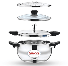 Vinod Magic Stainless Steel Smart 3 in 1 Pressure Cooker 3.5 Litre | 5mm Thick Base | All in One Cooker with Strainer & Glass Lid | Induction and Gas Base | ISI certified | 2 Years Warranty-1