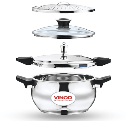 Vinod Magic Stainless Steel Smart 3 in 1 Pressure Cooker 3.5 Litre | 5mm Thick Base | All in One Cooker with Strainer & Glass Lid | Induction and Gas Base | ISI certified | 2 Years Warranty