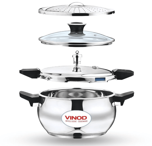 Vinod Magic Stainless Steel Smart 3 in 1 Pressure Cooker 3.5 Litre | 5mm Thick Base | All in One Cooker with Strainer & Glass Lid | Induction and Gas Base | ISI certified | 2 Years Warranty