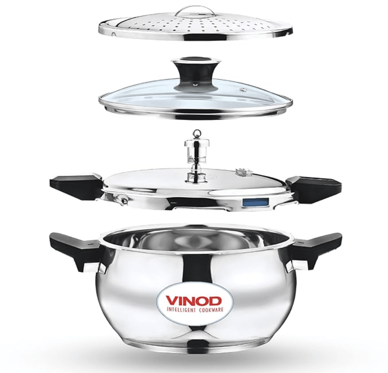 Vinod Magic Stainless Steel Smart 3 in 1 Pressure Cooker 3.5 Litre | 5mm Thick Base | All in One Cooker with Strainer & Glass Lid | Induction and Gas Base | ISI certified | 2 Years Warranty-1