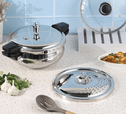 Vinod Magic Stainless Steel Smart 3 in 1 Pressure Cooker 5.5 Litre | 5mm Thick Base | All in One Cooker with Strainer & Glass Lid | Induction and Gas Base | ISI certified | 2 Years Warranty