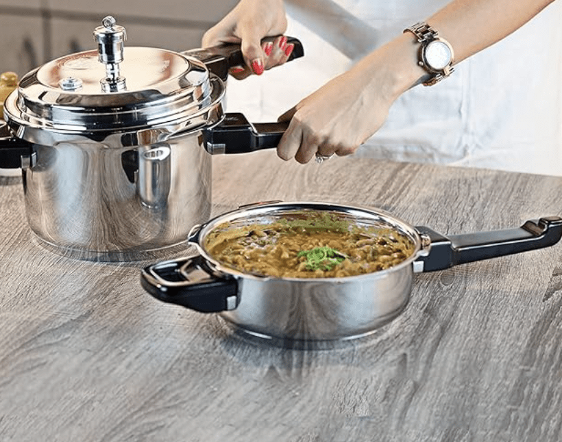 Vinod Sandwich Bottom Stainless Steel Pressure Cooker Combo Set of 2 with common Lid | 3.5 Litre and 5 Litre | Induction and Gas Base | ISI and CE Certified | 2 Year Warranty