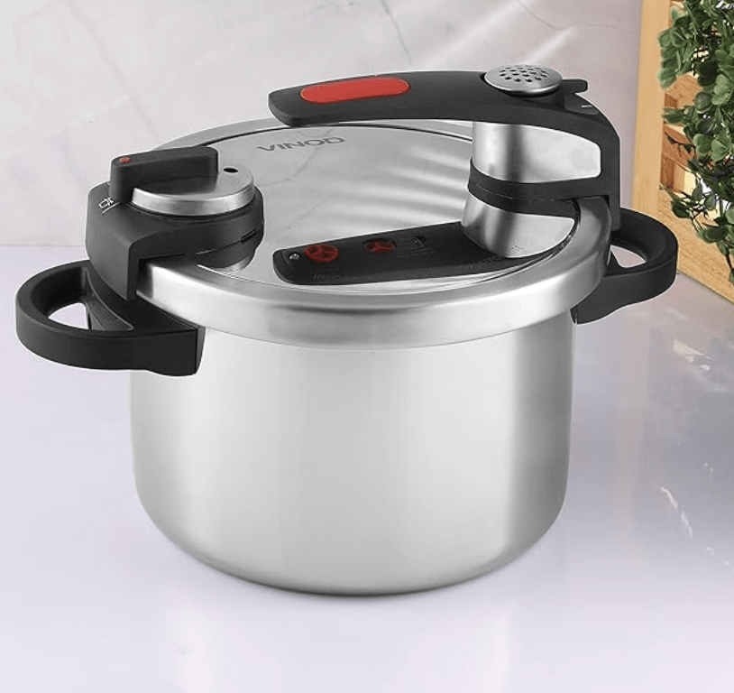 Vinod Stainless steel Nutrimax Pressure Cooker 5.5 Litre | Sas Technology | Spillage Control, Unique Lid, Auto Lock, Visual Indicator | Induction And Gas Base | Isi Certified | 5 Years Warranty