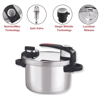 Vinod Stainless Steel Nutrimax Pressure Cooker 3.5 Litre|Sas Technology|Spillage Control,Unique Lid,Auto Lock,Visual Indicator|Induction And Gas Base|Isi Certified|5 Years Warranty,Silver