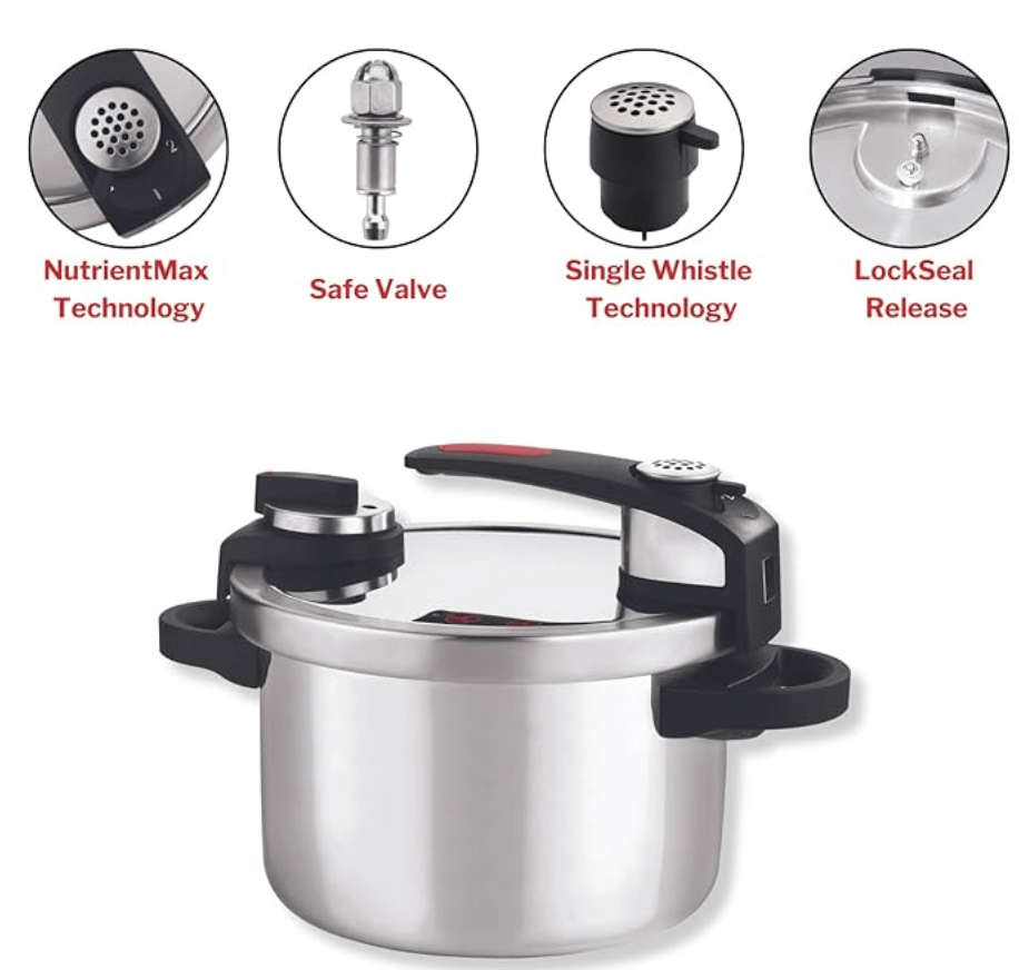 Vinod Stainless steel Nutrimax Pressure Cooker 5.5 Litre | Sas Technology | Spillage Control, Unique Lid, Auto Lock, Visual Indicator | Induction And Gas Base | Isi Certified | 5 Years Warranty