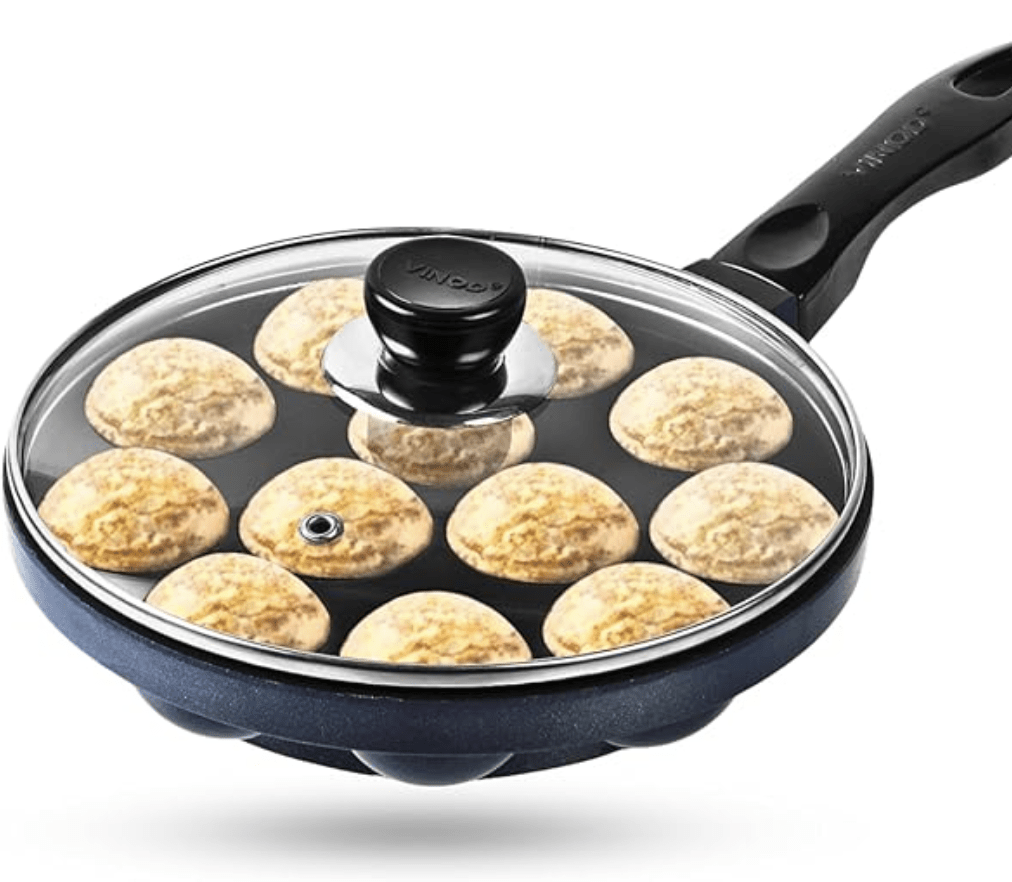 Vinod Zest Aluminium Non Stick Paniyarakal With Glass Lid - 12 Cavities, 20.5Cm | 3Mm Thick | 3 Layer Coating | Metal Spoon Friendly |Toxin Free | 1 Year Warranty - Black
