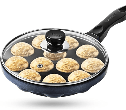 Vinod Zest Aluminium Non Stick Paniyarakal With Glass Lid - 12 Cavities, 20.5Cm | 3Mm Thick | 3 Layer Coating | Metal Spoon Friendly |Toxin Free | 1 Year Warranty - Black