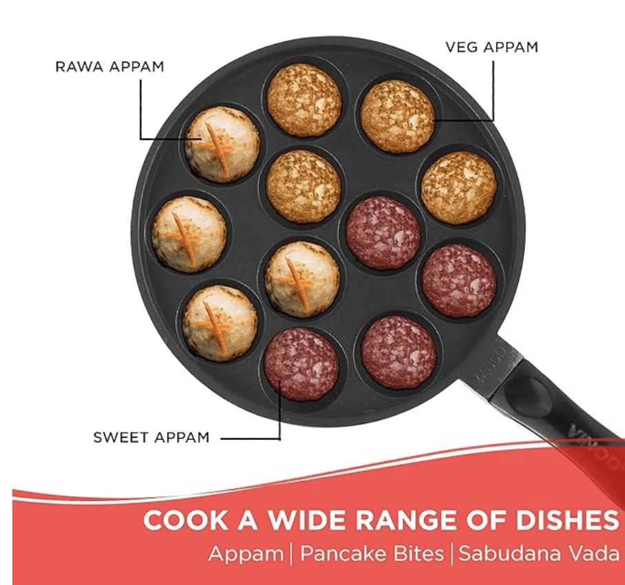 Vinod Zest Aluminium Non Stick Paniyarakal With Glass Lid - 12 Cavities, 20.5Cm | 3Mm Thick | 3 Layer Coating | Metal Spoon Friendly |Toxin Free | 1 Year Warranty - Black