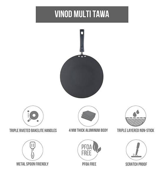 Vinod Zest Aluminium Non Stick Flat Multi Tawa - 32.5 cm | Triple Layer Ceramic Coating | 4mm Extra Thick Roti Tawa | Bakelite Handle | Gas and Induction base | 1 Year Warranty