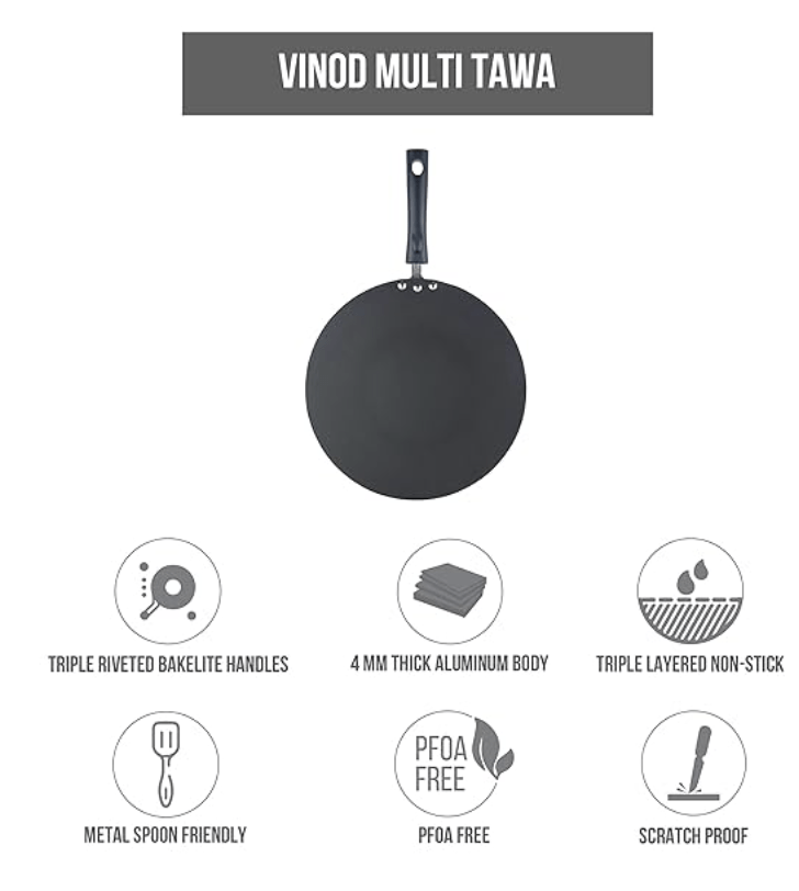 Vinod Zest Aluminium Non Stick Flat Multi Tawa - 28 cm | Triple Layer Ceramic Coating | 4mm Extra Thick Dosa Tawa | Bakelite Handle | Gas and Induction base | 1 Year Warranty