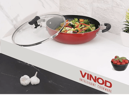 Vinod Popular Non Stick Kadai with Glass Lid 2 litres Capacity (22 cm Diameter), with Sturdy Riveted and Virgin Bakelite Handle (Induction and Gas Stove Friendly) PFOA Free, 12 Months Warranty