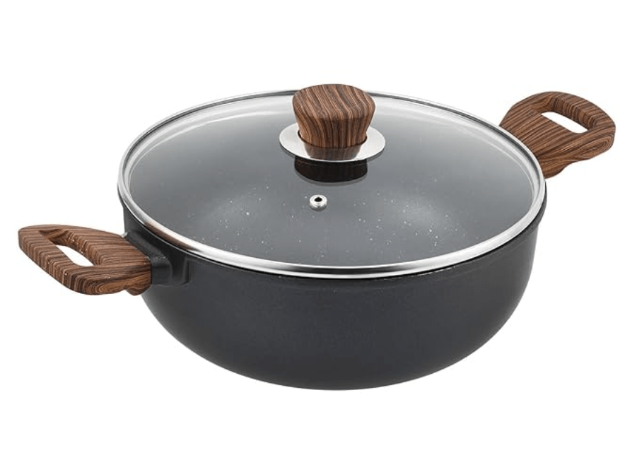 Vinod Zest Plus Die Cast Aluminium Kadhai with Glass Lid - 4 litre | Kadai for Cooking | 5mm Thick | 5 layer Coating | Wooden Finish Handle | Induction Base | 1 Year Warranty