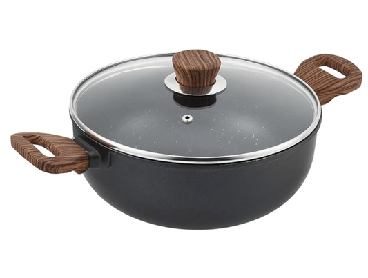 Vinod Zest Plus Die Cast Aluminium Kadhai with Glass Lid - 4 litre | Kadai for Cooking | 5mm Thick | 5 layer Coating | Wooden Finish Handle | Induction Base | 1 Year Warranty