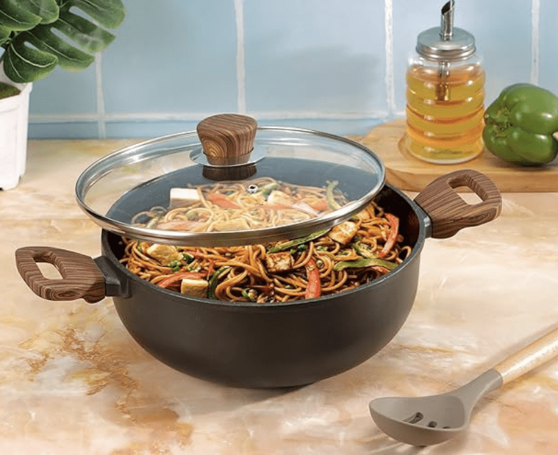 Vinod Zest Plus Die Cast Aluminium Kadhai with Glass Lid - 4 litre | Kadai for Cooking | 5mm Thick | 5 layer Coating | Wooden Finish Handle | Induction Base | 1 Year Warranty