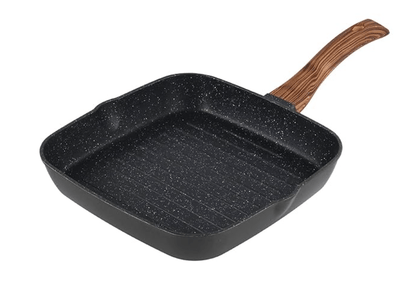 Vinod Zest Plus Die Cast Aluminium Grill Pan - 24 cm | Barbeque / Tandoori | 5mm Thick | 5 layer Coating| Wooden Finish Handle | Induction & Gas Base | 1 Year Warranty