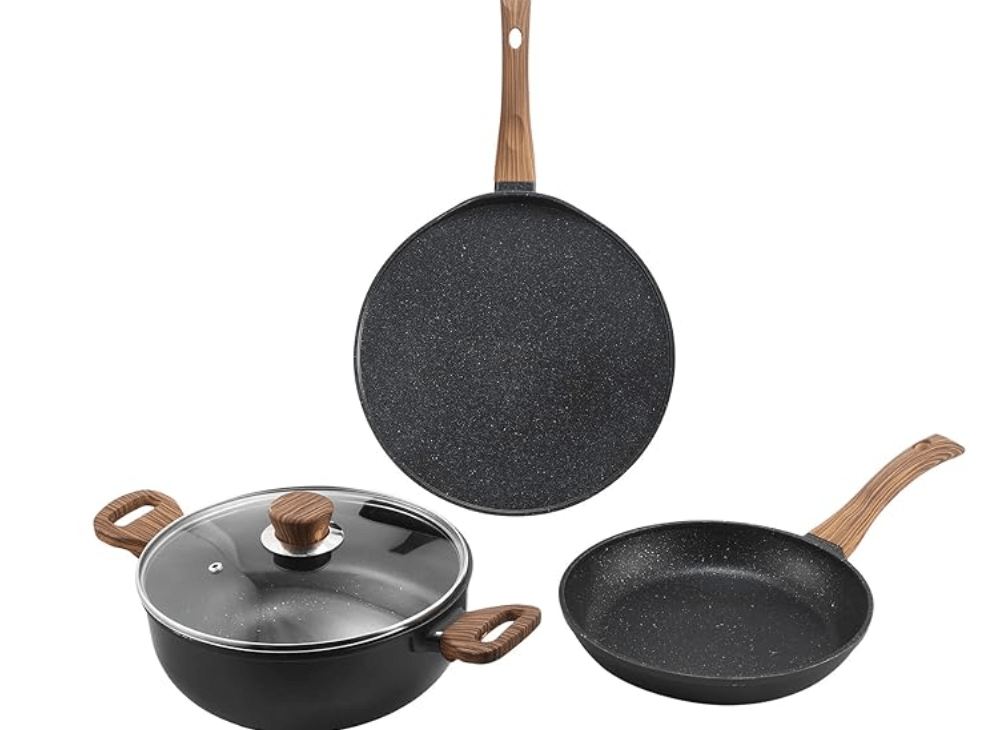 Vinod Zest Plus Die Cast Non Stick Cookware Set Combo 3 Pieces | Kadai with Lid, Frypan Dosa Tawa | 5-Ply Aluminum Layer (5mm Thick) | Gas & Induction Base | 2 Year Warranty