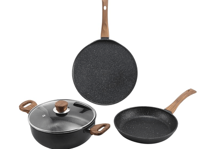 Vinod Zest Plus Die Cast Non Stick Cookware Set Combo 3 Pieces | Kadai with Lid, Frypan Dosa Tawa | 5-Ply Aluminum Layer (5mm Thick) | Gas & Induction Base | 2 Year Warranty