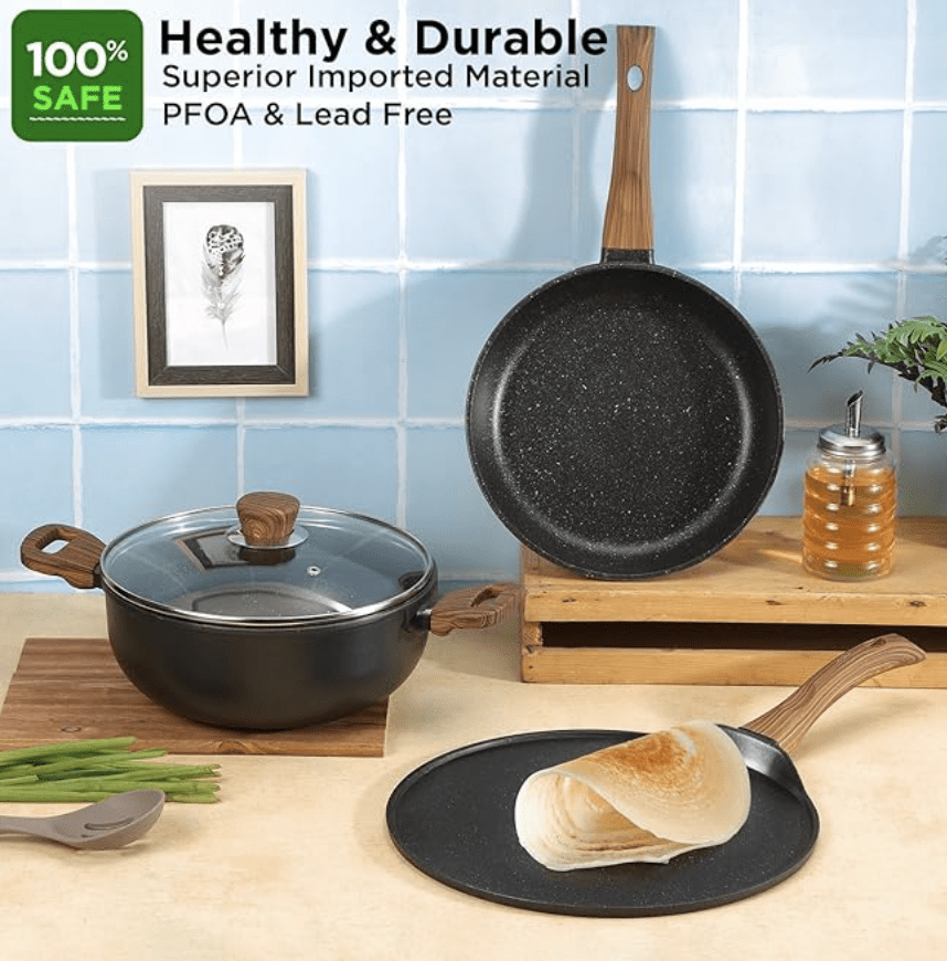 Vinod Zest Plus Die Cast Non Stick Cookware Set Combo 3 Pieces | Kadai with Lid, Frypan Dosa Tawa | 5-Ply Aluminum Layer (5mm Thick) | Gas & Induction Base | 2 Year Warranty