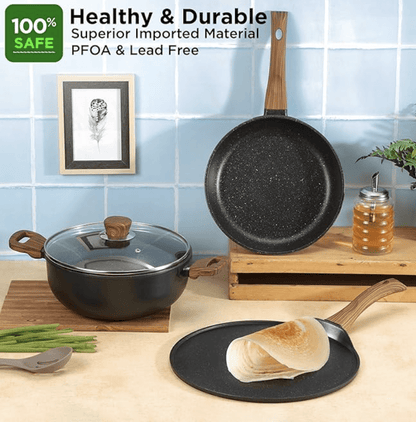 Vinod Zest Plus Die Cast Non Stick Cookware Set Combo 3 Pieces | Kadai with Lid, Frypan Dosa Tawa | 5-Ply Aluminum Layer (5mm Thick) | Gas & Induction Base | 2 Year Warranty