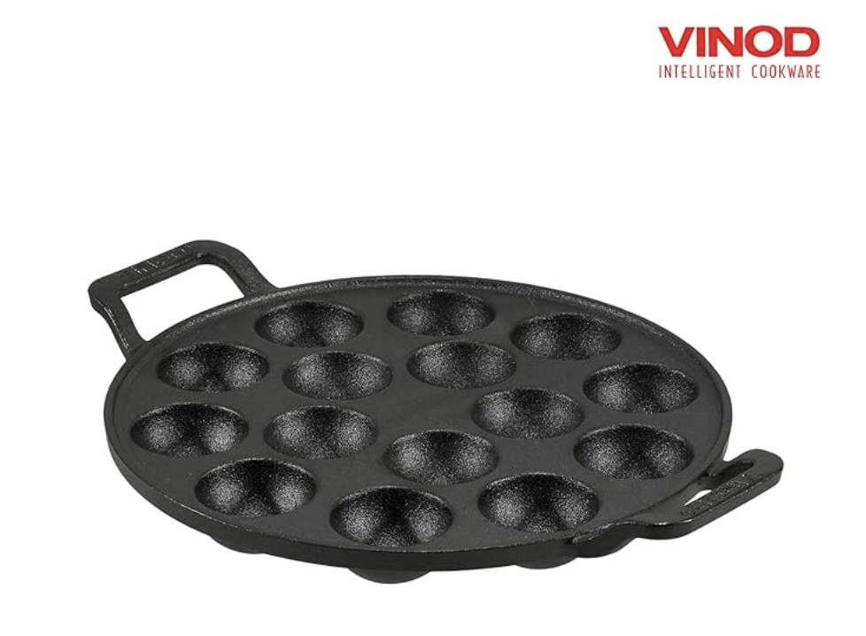 Vinod Legacy Cast Iron Stick Free Paniyarakkal Pan - 15 Cups, 25cm / Paniyaram pan/Appa Patra/Appam Patra/Appe/Paddu pan/Non Toxic, Enamel Free - Black