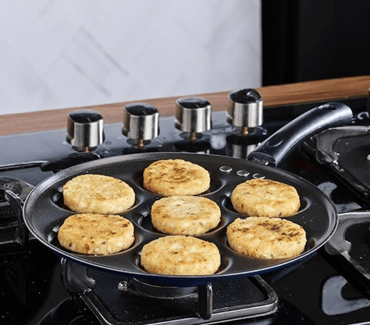 Vinod Zest Aluminium Non Stick Mini Uttapam Pan - 7 Cavaties, 26 cm | 3mm Thick | 3 Layer Coating | Bakelite Handle | Metal Spoon Friendly| Gas Base | 1 Year Warranty - Blue