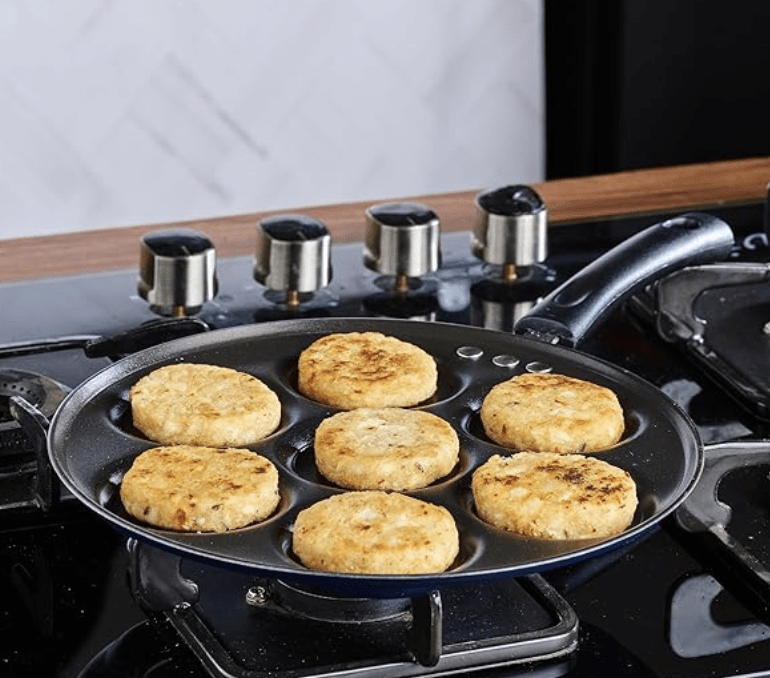 Vinod Zest Aluminium Non Stick Mini Uttapam Pan - 7 Cavaties, 26 cm | 3mm Thick | 3 Layer Coating | Bakelite Handle | Metal Spoon Friendly| Gas Base | 1 Year Warranty - Blue-2