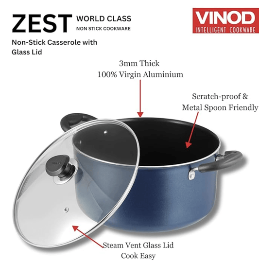 Vinod Zest Aluminium Non Stick Saucepot with Glass Lid - 3.1 litre, 20 cm | 3 mm Extra Thick | Swiss Quality | 3 layer Coating | Metal Spoon Friendly - 1 Year Warranty