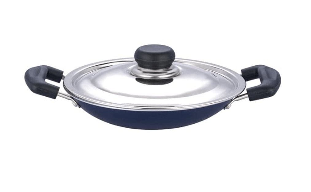 Vinod Zest Non Stick Appachetty with Lid - 20 cm| Appam Pan | 3 mm Extra Thick | 3 layer Coating | Metal Spoon Friendly | Bakelite Handle | Gas Base | 1 Year Warranty - Blue