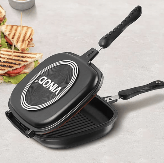 Vinod Zest Plus Aluminium Non Stick Double Griller / Sandwich Maker | Detachable Magnetic Handle | Oil Collector | Easy To Clean | Gas Base | 1 Year Warranty