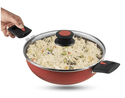 Vinod Popular Aluminium Non Stick Kadai with Detachable, Removeable Handles - 2.5 litre, 24 cm / 3 mm Thick/Kadhai with Glass Lid/Compact Storage/Induction Base - 2 Year Warranty