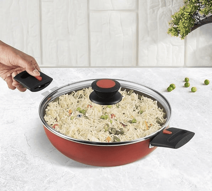 Vinod Popular Aluminium Non Stick Kadai with Detachable, Removeable Handles - 2.5 litre, 24 cm / 3 mm Thick/Kadhai with Glass Lid/Compact Storage/Induction Base - 2 Year Warranty