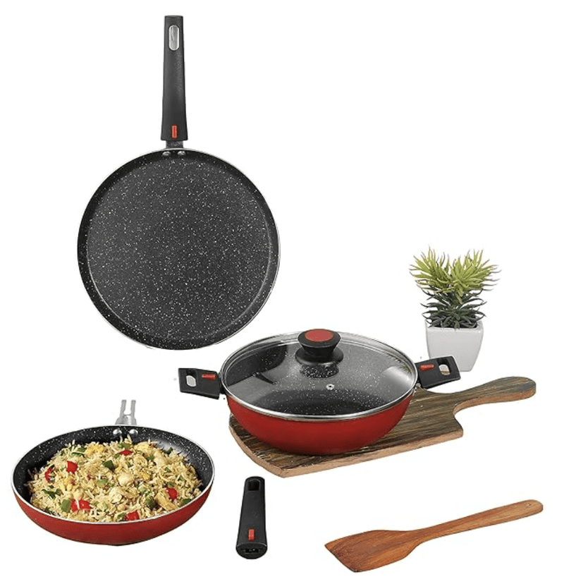 Vinod Connect Non Stick Detachable Cookware Combo Set of 3 with Bakelite Handle (3mm Thickness)- 24cm Kadai with glass lid 2.5 litre / 24cm Frypan / 28cm Dosa Tawa, Induction and Gas Base-1