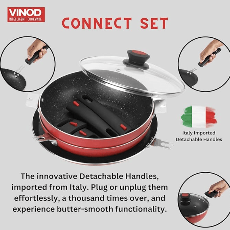 Vinod Connect Non Stick Detachable Cookware Combo Set of 3 with Bakelite Handle (3mm Thickness)- 24cm Kadai with glass lid 2.5 litre / 24cm Frypan / 28cm Dosa Tawa, Induction and Gas Base-2