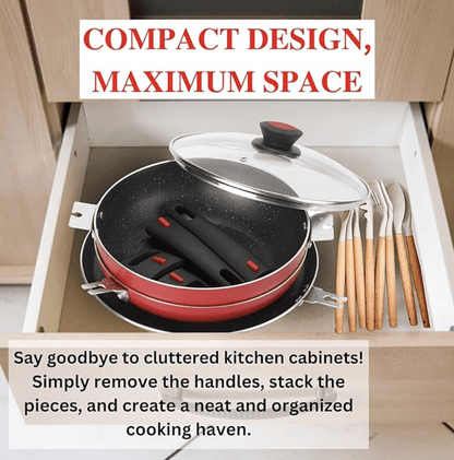 Vinod Connect Non Stick Detachable Cookware Combo Set of 3 with Bakelite Handle (3mm Thickness)- 24cm Kadai with glass lid 2.5 litre / 24cm Frypan / 28cm Dosa Tawa, Induction and Gas Base