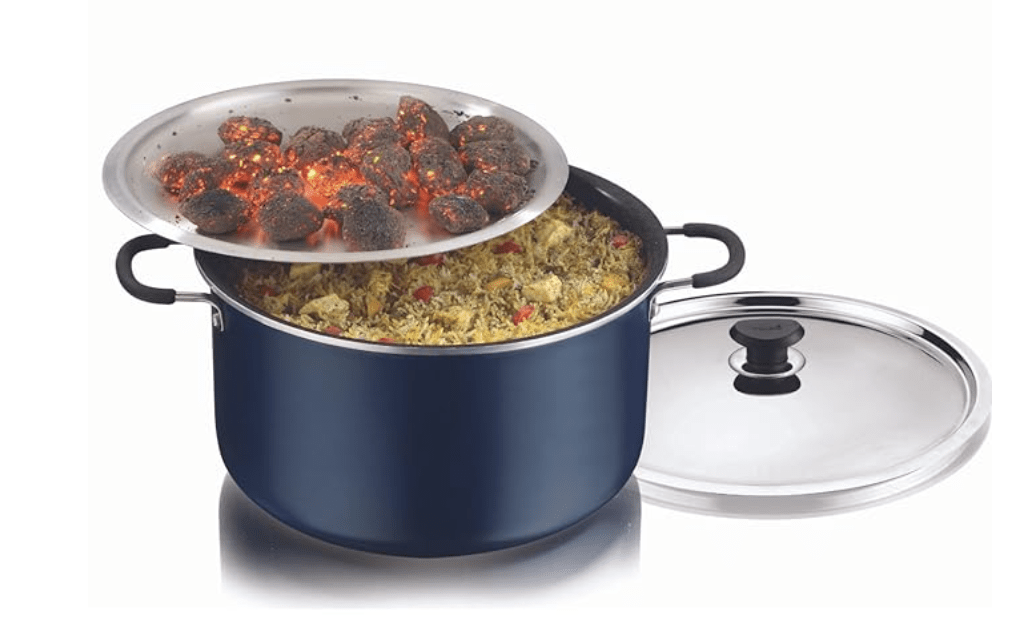 Vinod Zest Non Stick Dum Biryani Pot - 14 Litre, 32 cm | 4 mm Extra Thick | 3 layer Coating | Metal Spoon Friendly | Bakelite Handle | Gas Base | 1 Year Warranty - Blue