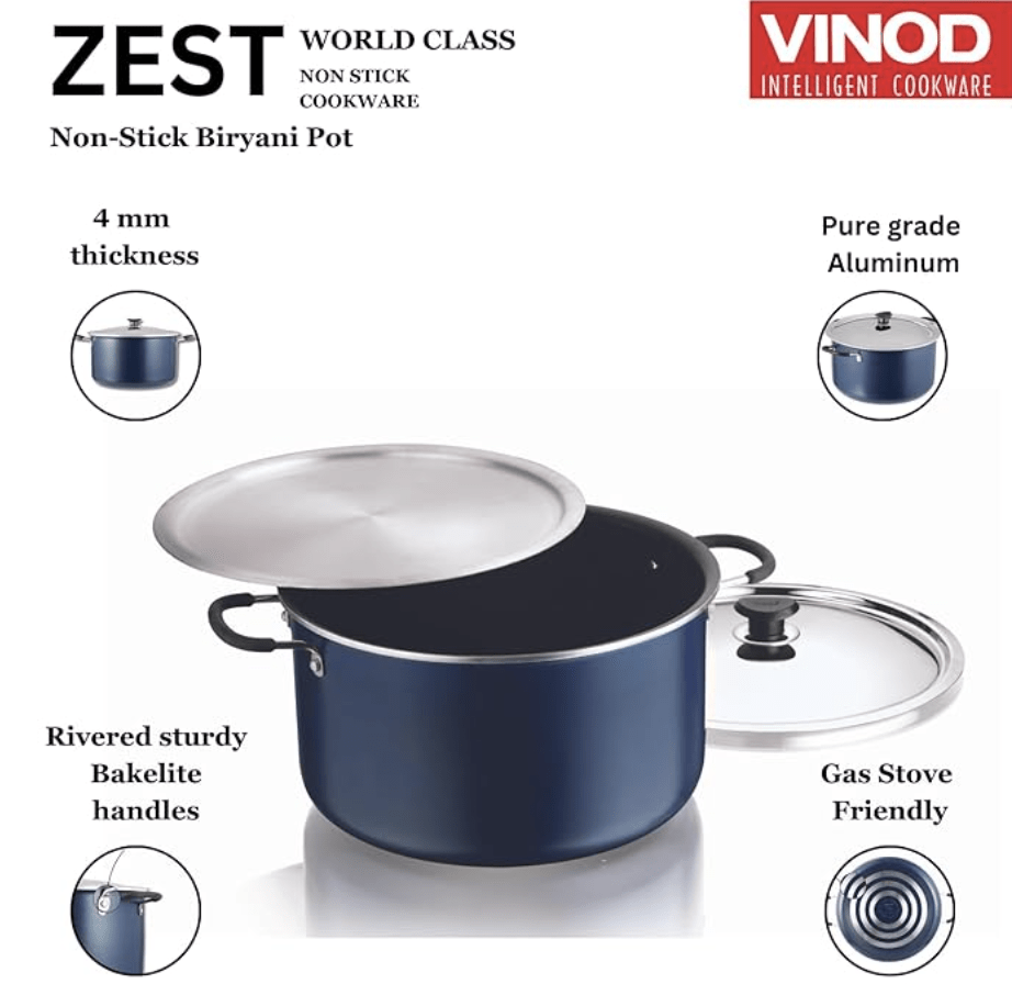 Vinod Zest Non Stick Dum Biryani Pot - 14 Litre, 32 cm | 4 mm Extra Thick | 3 layer Coating | Metal Spoon Friendly | Bakelite Handle | Gas Base | 1 Year Warranty - Blue