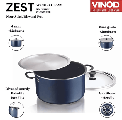 Vinod Zest Non Stick Dum Biryani Pot - 14 Litre, 32 cm | 4 mm Extra Thick | 3 layer Coating | Metal Spoon Friendly | Bakelite Handle | Gas Base | 1 Year Warranty - Blue