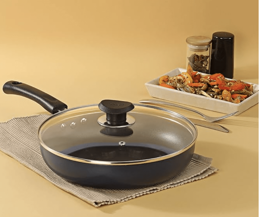 Vinod Zest Aluminium Non Stick Deep Frypan with Glass Lid - 26 cm | 3 Layer Ceramic Coating | 3 mm Extra Thick | Skillet Pan | Metal Spoon Friendly | Gas Base - 1 Year Warranty