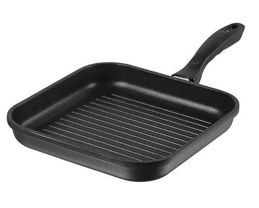 Vinod Zest Plus Die Cast Aluminium Square Griddle - 24 cm | 5 mm Thick | 3 Layer Coating | Silicone Handle | Swiss Quality | Induction Bottom | 1 Year Warranty - Black