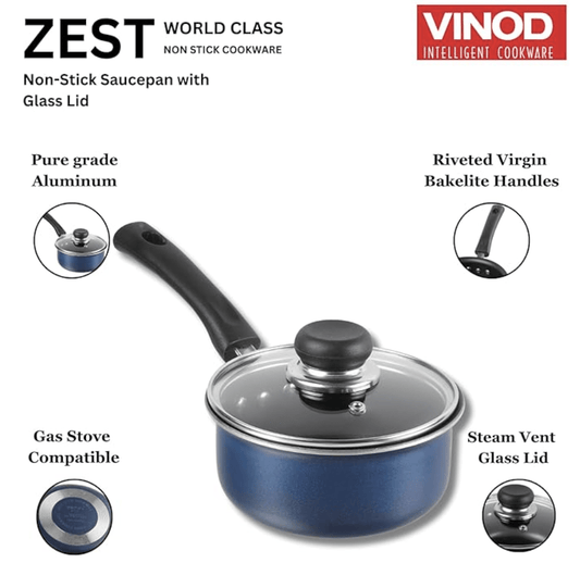Vinod Zest Aluminium Non Stick Saucepan with Glass Lid - 1.4 litre, 14cm | Milk/Tea Pan | Sauce pot with Lid | 3mm Thick | 3 Layer Coating | Scratch Proof | 1 Year Warranty