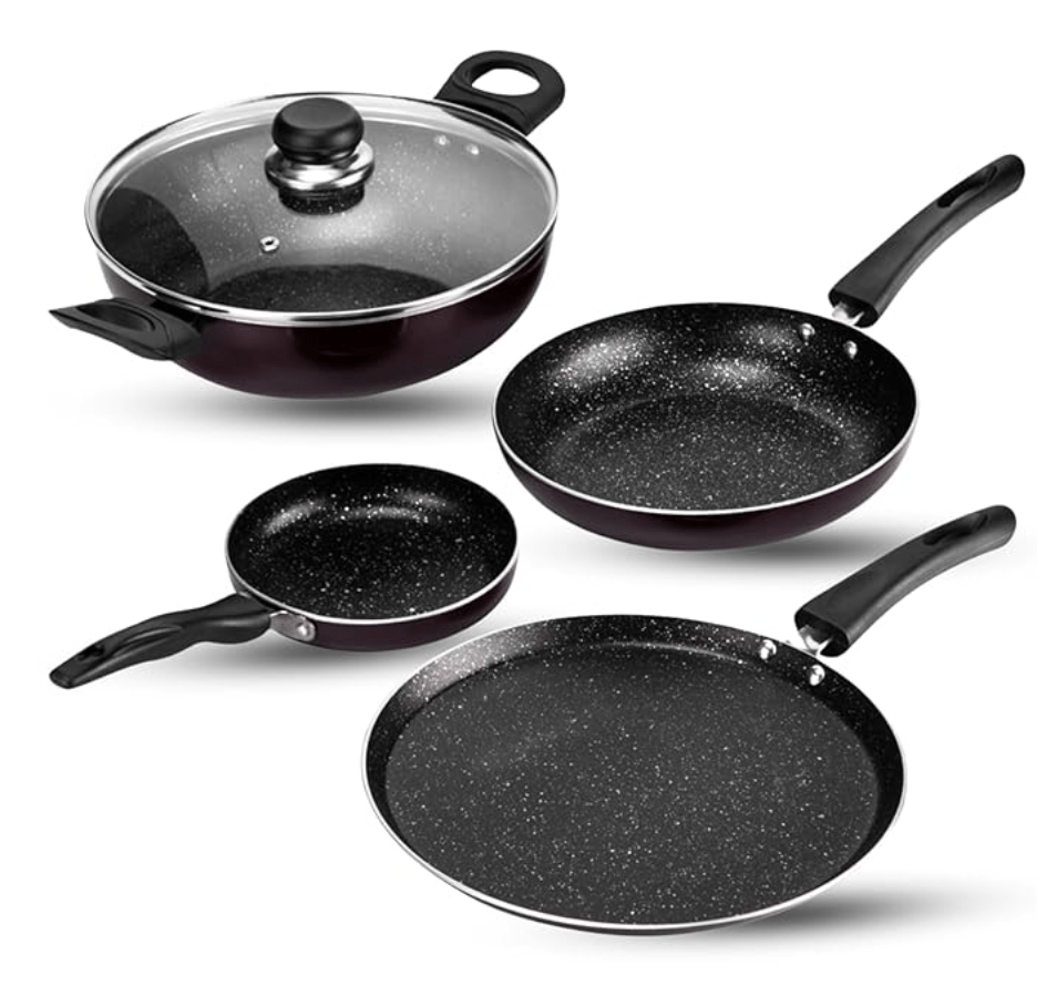 Vinod Supreme Aluminium Non Stick Cookware Set of 4 | 2ltr kadai, 28cm Dosa Tawa, 14cm and 22cm Frypan | 3mm Thick, 5 Layer Coating | Induction Base - 2 Year Warranty