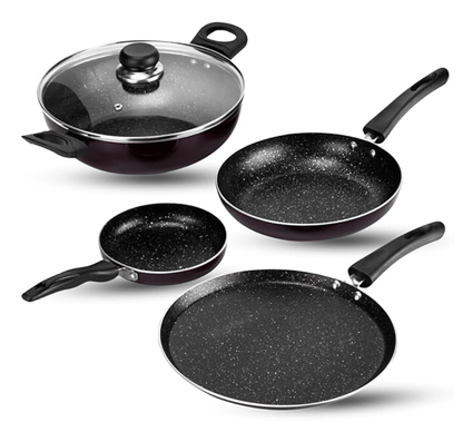 Vinod Supreme Aluminium Non Stick Cookware Set of 4 | 2ltr kadai, 28cm Dosa Tawa, 14cm and 22cm Frypan | 3mm Thick, 5 Layer Coating | Induction Base - 2 Year Warranty