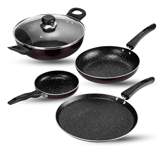 Vinod Supreme Aluminium Non Stick Cookware Set of 4 | 2ltr kadai, 28cm Dosa Tawa, 14cm and 22cm Frypan | 3mm Thick, 5 Layer Coating | Induction Base - 2 Year Warranty