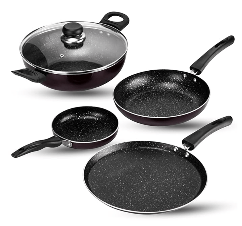Vinod Supreme Aluminium Non Stick Cookware Set of 4 | 2ltr kadai, 28cm Dosa Tawa, 14cm and 22cm Frypan | 3mm Thick, 5 Layer Coating | Induction Base - 2 Year Warranty-1