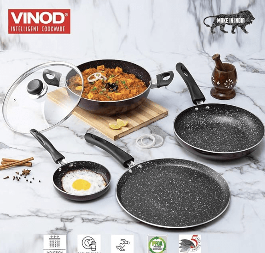 Vinod Supreme Aluminium Non Stick Cookware Set of 4 | 2ltr kadai, 28cm Dosa Tawa, 14cm and 22cm Frypan | 3mm Thick, 5 Layer Coating | Induction Base - 2 Year Warranty