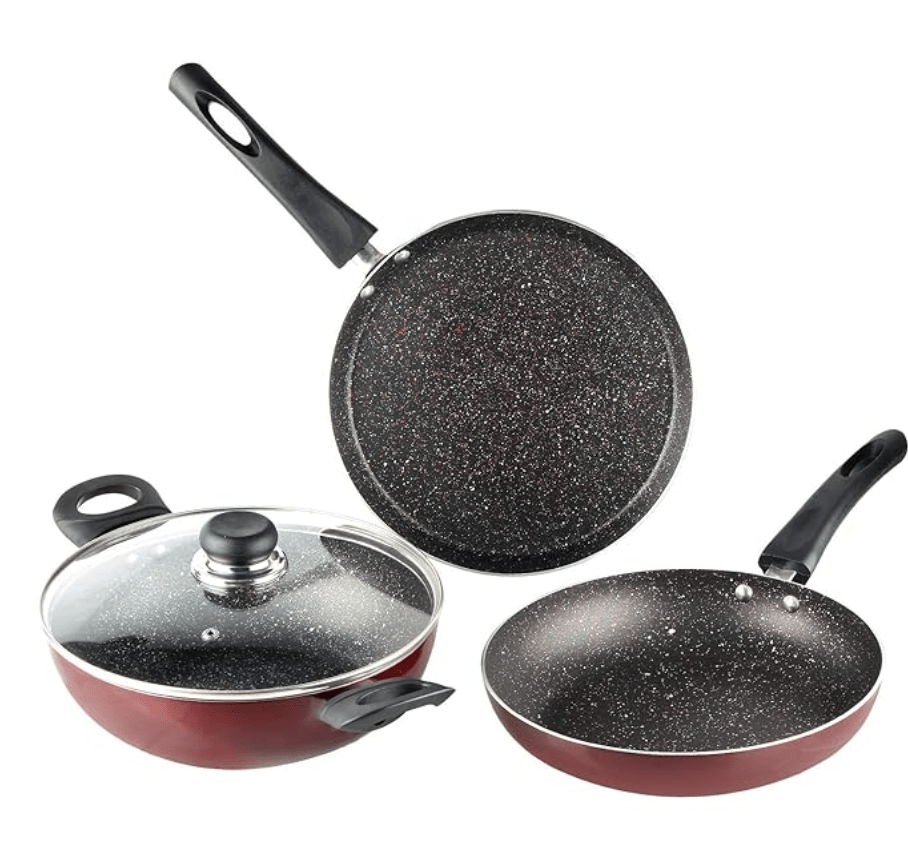 Vinod Supreme Plus Non Stick Cookware Set of 3 | Frypan, Kadai with lid, and Dosa Tawa | 5-Ply Aluminum Layer (3mm Thick) | Gas and Induction Base | 2 Year Warranty