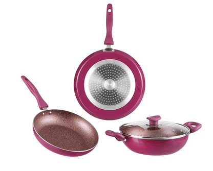 Vinod Lilac Non Stick Cookware Combo Set of 3 | 2.5 litre Kadai with Glass Lid, 24cm Frypan, 28cm Dosa Tawa | 5 Layer Coating | Scratch Proof | Induction Base - 1 Year Warranty