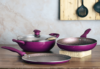 Vinod Lilac Non Stick Cookware Combo Set of 3 | 2.5 litre Kadai with Glass Lid, 24cm Frypan, 28cm Dosa Tawa | 5 Layer Coating | Scratch Proof | Induction Base - 1 Year Warranty