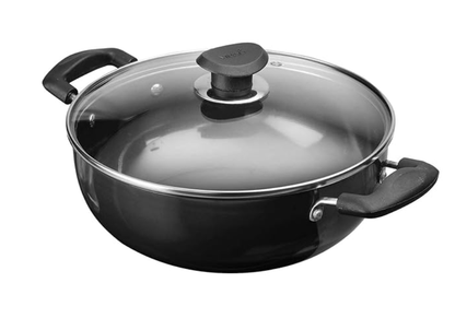 Vinod Cookware Deep Kadhai with Glass Lid - Hard Anodized Pot-Riveted Handles- 55L(58 Quarts)-28Cm-Multi-Use Wok - Suitable for Indian Cooking/Sauces/Pasta/Stews/Soups-Round Bottom, Black
